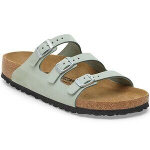 NIB Birkenstock Women's Florida Nubuck Leather Three Strap Sandal Khaki 38